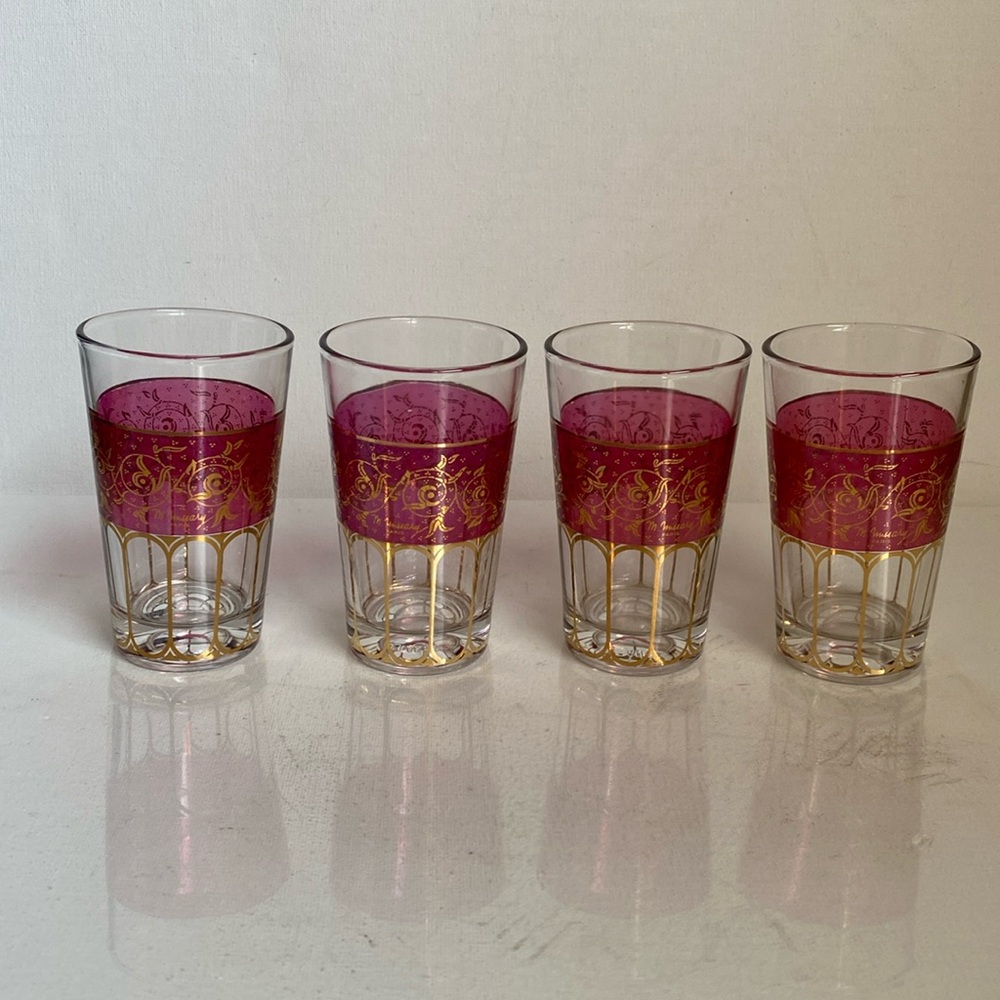4 Vintage Signed  “M. Missary Paris” Pink & Gold Moroccan Tea or Juice Glasses
